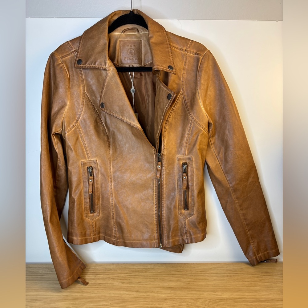 Max Studio Soft Tan‎ Faux Leather Jacket Woman’s Medium NWT